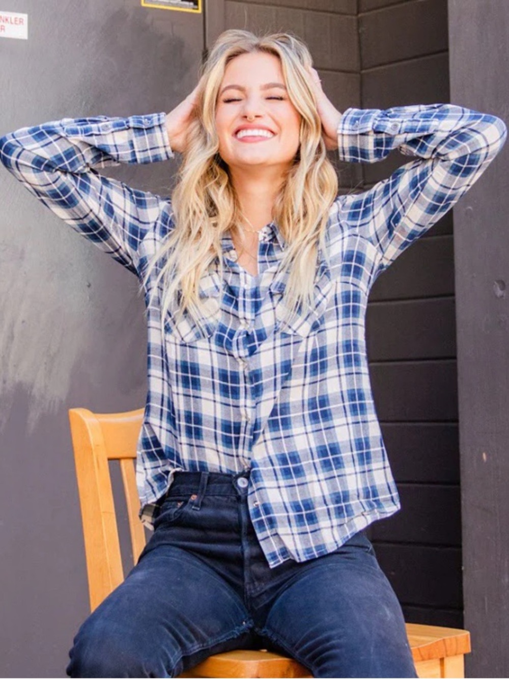 COMO Black XL Flannel Blue White Yellow Button Down Shirt